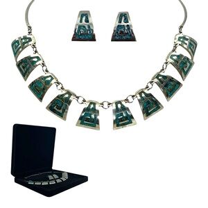 Vintage TAXCO Mexican Silver .980 Necklace Earrings Set Turquoise Inlay Art Deco